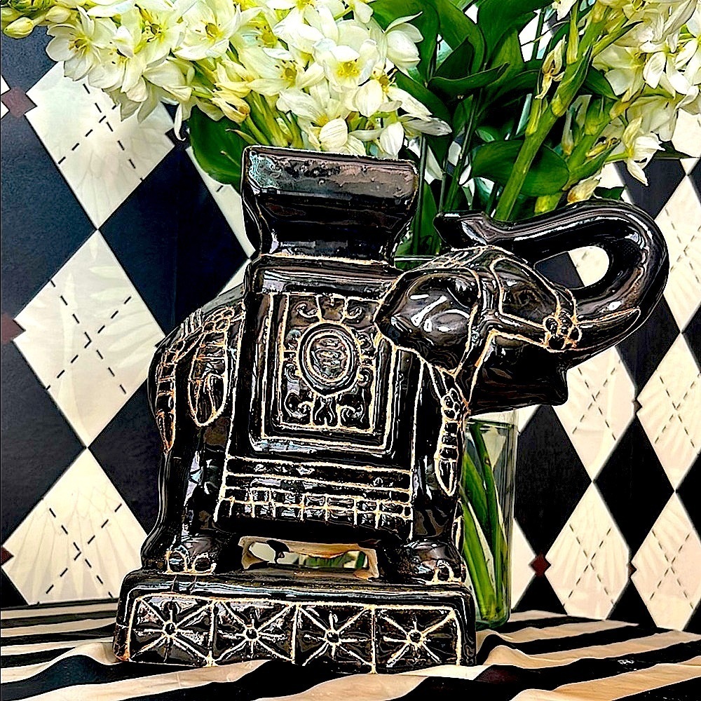 Vintage Ceramic Elephant Figurine – Glossy Black White Tribal Markings Majestic